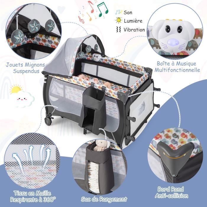 COSTWAY Lettino da viaggio pieghevole 5 in 1 con materasso, giocattoli sospesi, carillon, capottina rimovibile, 2 ruote, 0-3 anni, 15 kg, colorato