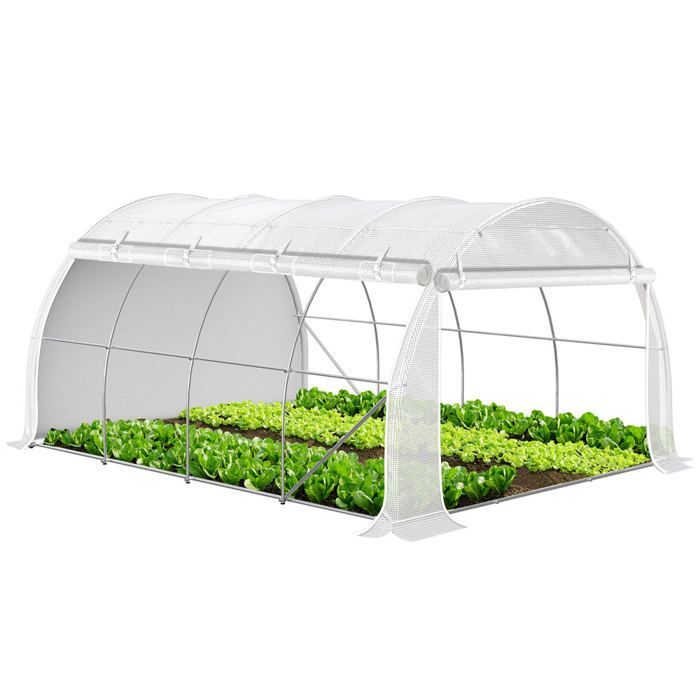 Invernadero tipo túnel VOUNOT® para todas las estaciones, 12 m², blanco - Acero galvanizado - Ventanas y puertas laterales enrollables con cremallera