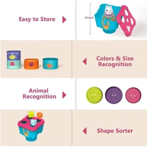 Montessori Stacking Cubes Toy - 8 Colorful Cups - Animals - Non-toxic ABS
