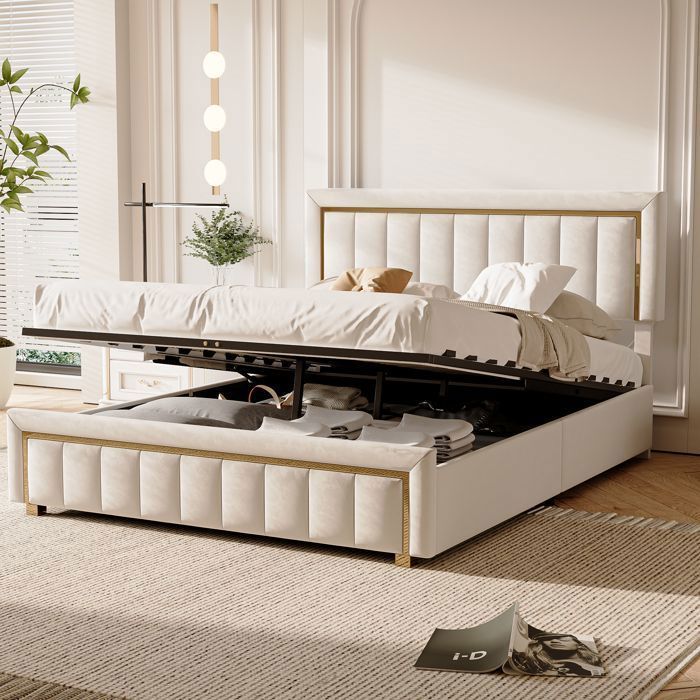 Cama de 140x200 cm con somier de láminas y espacio de almacenamiento. Estructura de cama para 2 personas, tapizada, con palanca hidráulica, terciopelo, color beige.