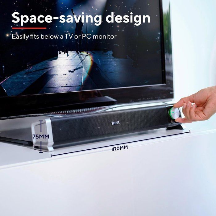 Barra de sonido Trust Asto de 12 vatios para PC, con conectores para auriculares y micrófono, alimentación USB, para PC - Negro