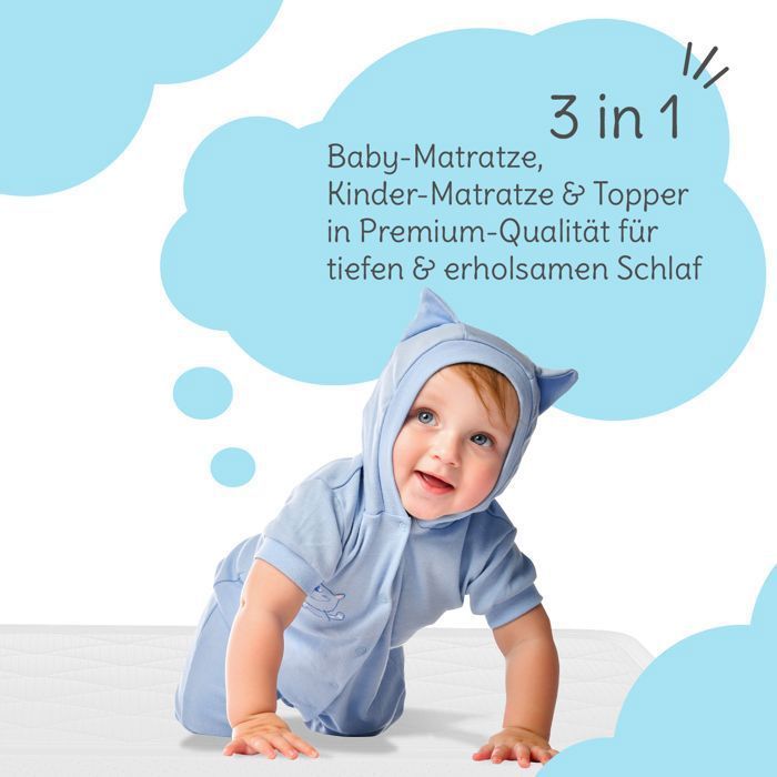 Cubrecolchón infantil ELONEO, 70x140 cm, 6 cm de grosor, espuma transpirable y cómoda para un sueño saludable y seguro.