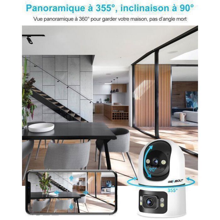 Telecamera di sorveglianza WiFi per interni GENBOLT, doppia lente a 360°, doppio WiFi a 2,4 e 5 GHz, rilevamento intelligente della presenza di persone, ideale per neonati.