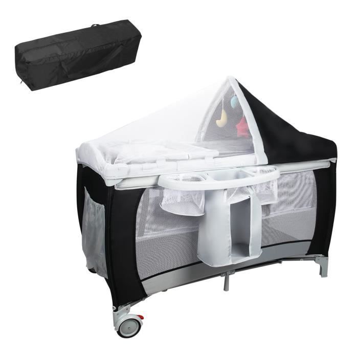 Lit Parapluie Bébé DREAMADE Pliable avec Moustiquaire, Rangements Latéraux, Jouets Suspendus, Musique, Roulettes avec Freins, Noir