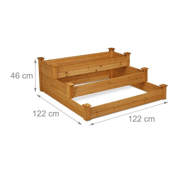 Relaxdays 3-Tier Raised Garden Bed, Stepped Planter, HWD: 46x122x122 cm, Fir, Garden Bed, Terrace, Natural