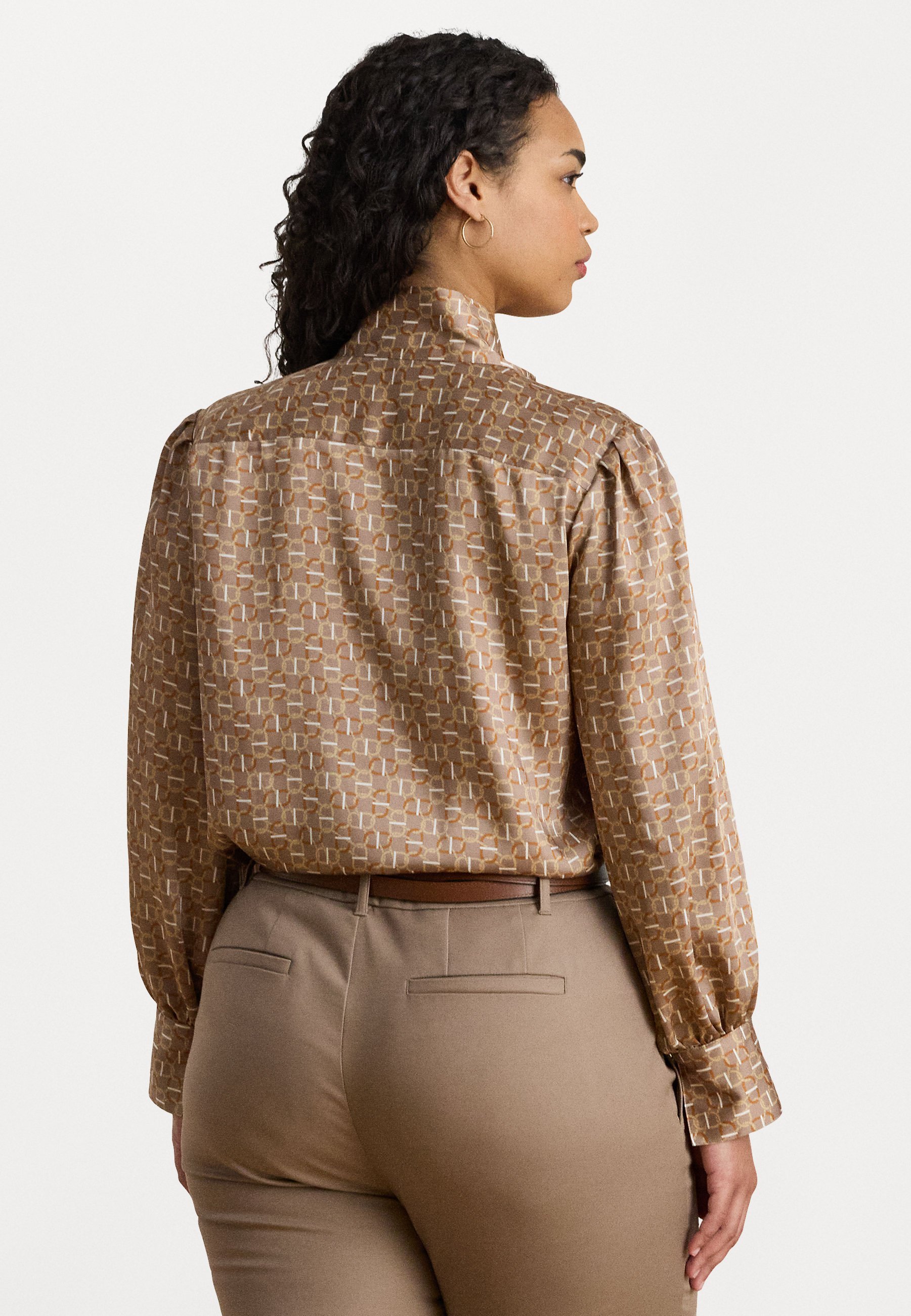Lauren Ralph Lauren Damesblouse van geoprinttwill met strik bij de hals - Blouse met knoopsluiting - taupe/multicolor
