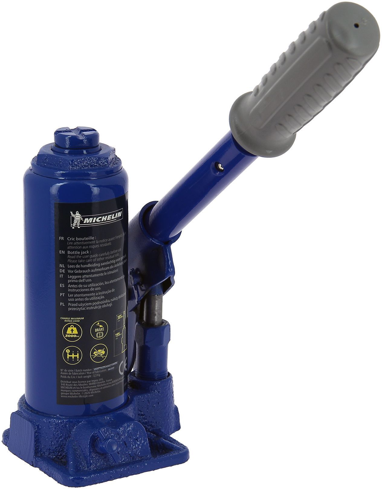 Cric hydraulique bouteille 3 tonnes hauteur levage 195mm à 385mm - MICHELIN - Pour le levage de voiture, SUV, utilitaires, 4x4.