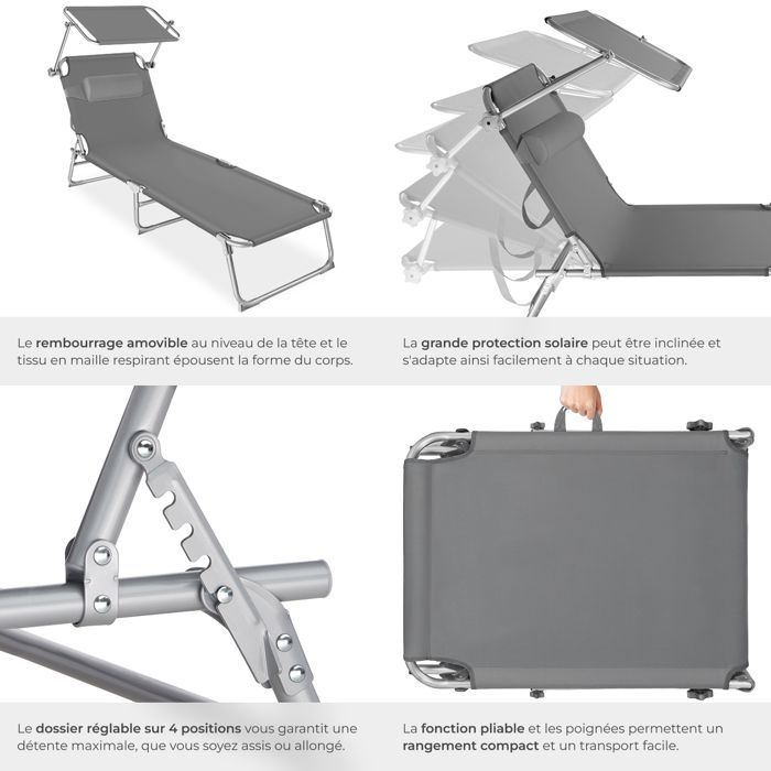 Bain de soleil - TECTAKE - Lot de 2 transats jardin CHLOE, 4 niveaux réglage, appuie-tête moelleux en acier 68x161x111cm - Gris