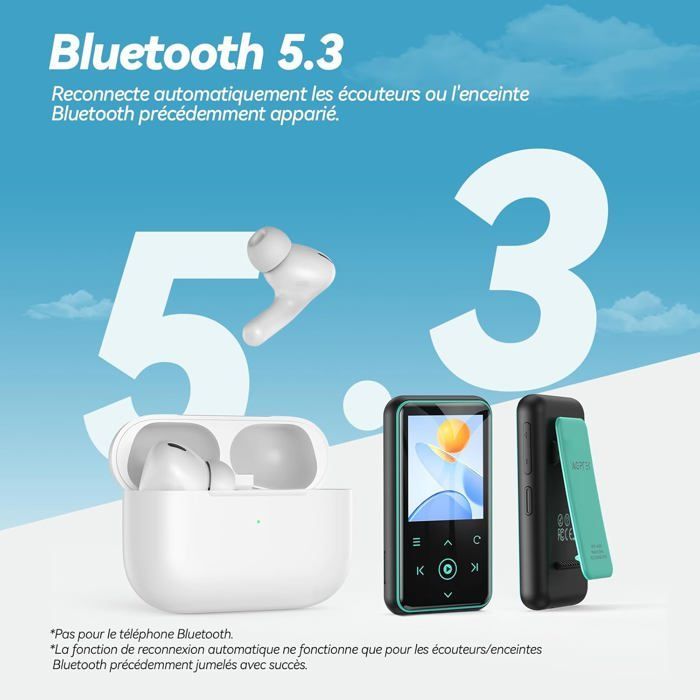 AGPTEK 64Go Lecteur MP3 Bluetooth 5.3 avec Clip, 1,8 Pouces Lecteur Musique Sport HiFi avec Radio FM/Podomètre/Enregistreur - Bleu