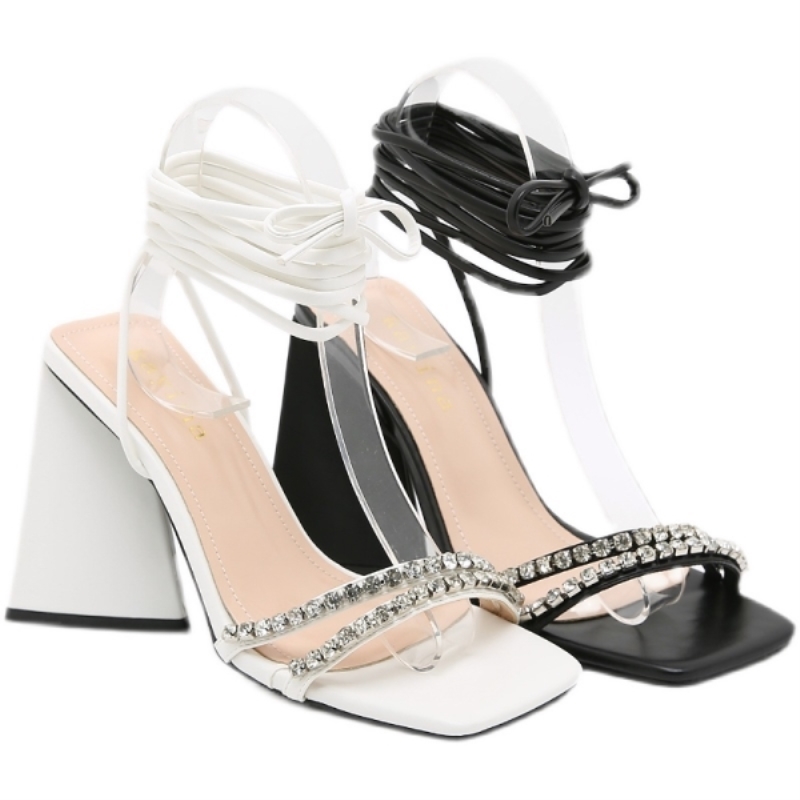 Sandali estivi 2021 con cinturino alla caviglia, punta quadrata, strass di cristallo, lacci, tacco stile strano, zapatillas mujer