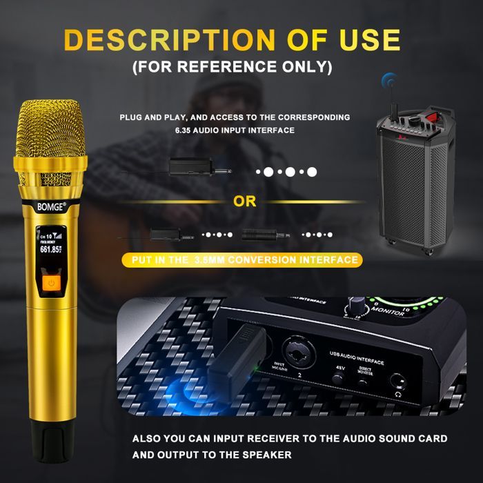 Professional 2-Channel Wireless Microphone System Kit for Karaoke and DJ, with Shiny Gold Microphone and Rechargeable Receiver