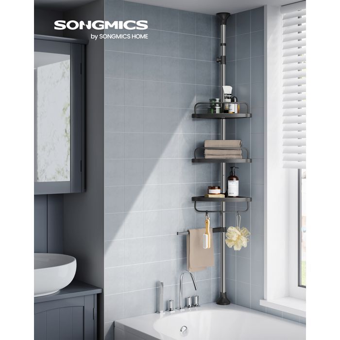 Porte accessoire de Salle de Bain, Étagère de Douche Réglable en Hauteur, Hauteur Totale 95-300 cm, en Inox, Argent et Noir