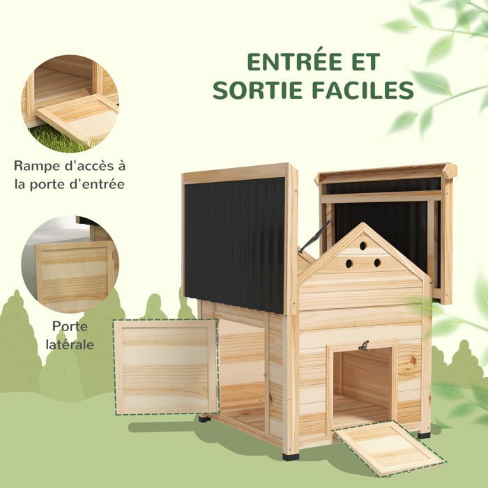 Gallinero para patos - PawHut - techo abatible, doble puerta y orificios de ventilación - madera - 78x90x92cm - efecto madera natural