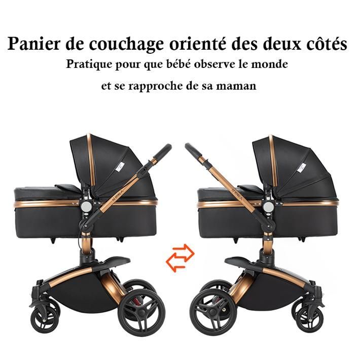 Poussette 3 en 1 Magic ZC Poussette Poussette trio Poussette Pliage automatique Cuir PU Rotation à 360° Avec Grand panier Noir