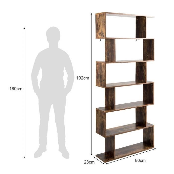 COSTWAY industriell bokhylle med 6 etasjer, 80 x 23 x 192 cm, S-formet oppbevaringshylle med sklisikre føtter, brun