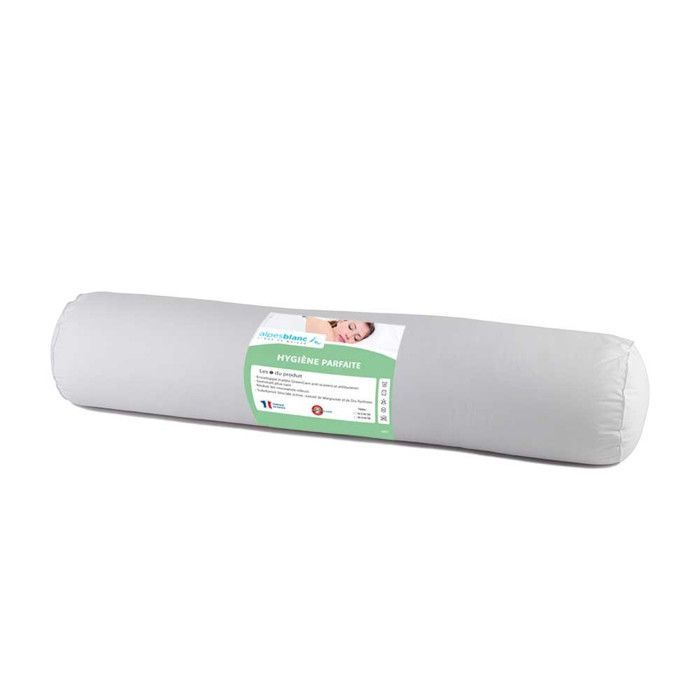 ALPES BLANC - Cojín cilíndrico de 90 cm - Antiácaros y antibacteriano - Suave y confortable - Funda de algodón - Fabricado en Francia