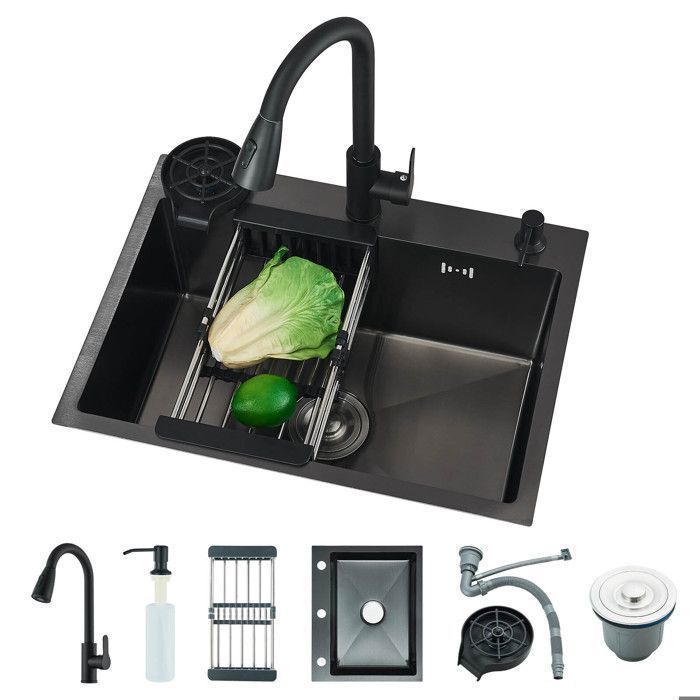 Fregadero de cocina de acero inoxidable negro mate de 60x45 cm. Kit completo con grifo extraíble, lavavasos integrado y dispensador de jabón.