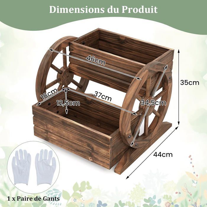 Macetero elevado de 2 niveles COSTWAY, con orificios de drenaje y ruedas, maceta de madera con forma de carrito para uso interior y exterior.