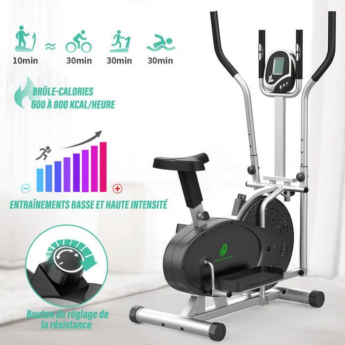 Bicicleta elíptica 2 en 1 para uso doméstico. Resistencia de 180°, peso máximo 120 kg. Pantalla LCD, tamaño compacto ideal para familias y apartamentos, color plata.