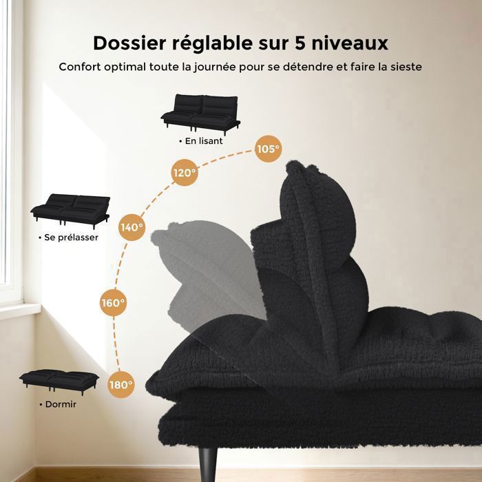 Divano trasformabile 3 in 1 di colore nero, con schienale regolabile, in velluto color latte, comodo e ideale per piccoli spazi.