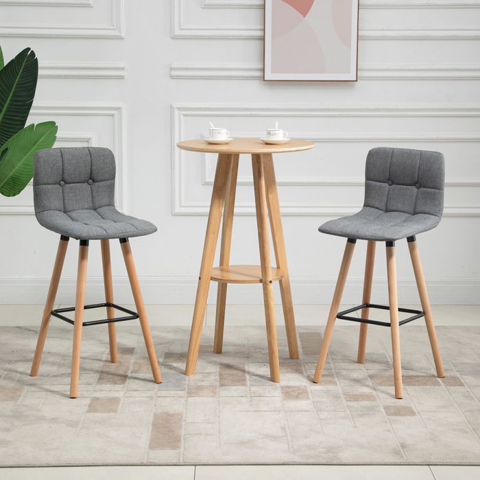 Juego de 2 taburetes de bar - HOMCOM - tapizados - respaldo y reposapiés - patas de madera - tela con aspecto de lino - 41,5 x 47 x 97,5 cm - gris
