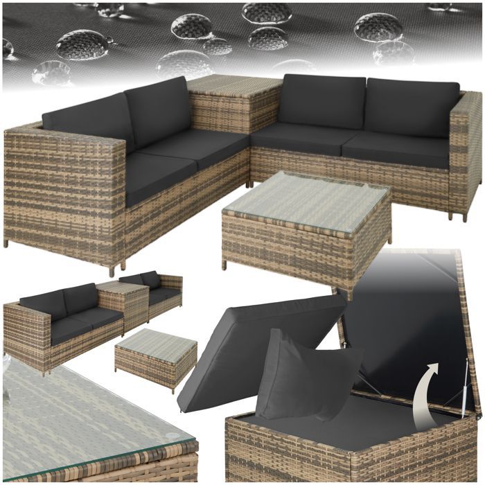 Garden furniture - TECTAKE - SIENNA 4-seater outdoor lounge set with 1 table and 1 storage chest - Natural/Dark Grey
