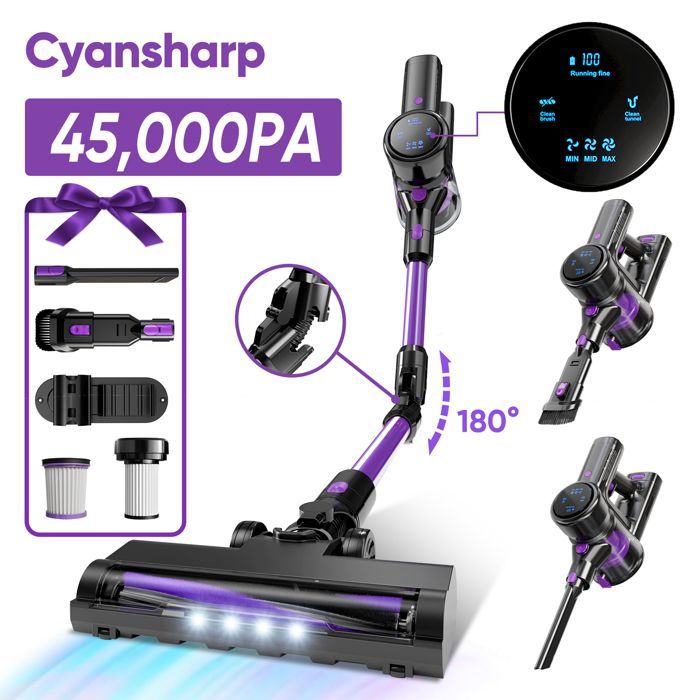 CYANSHARP V8 Cordless Stick Vacuum Cleaner, Bagless Vacuum 130AW, 3 Speeds, Display, 100kRPM BLDC Motor EU, 7 Batteries, CE RoHS