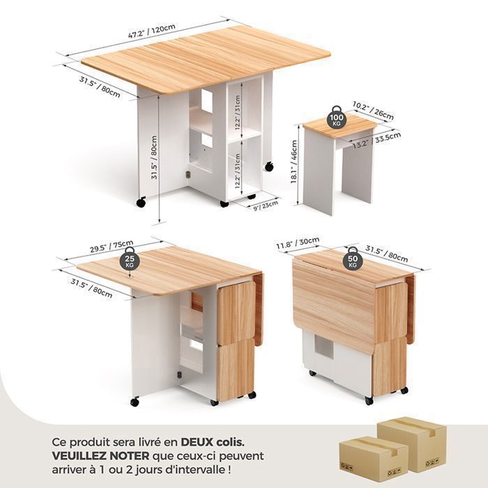 Conjunto de comedor Mondeer con 4 sillas, mesa de cocina plegable con estantes, mesa y silla, 120x80x80 cm, roble y blanco.