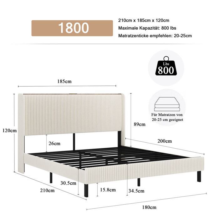 Lit 180x200 avec sommier LED et USB, lit capitonné velours beige avec rangement tete de lit, 2 personnes king size avec pieds,