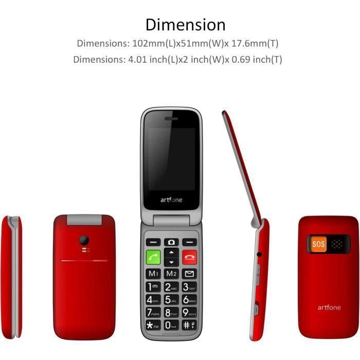 Téléphone Portable Senior ARTFONE à Clapet avec Grandes Touches et Grand Ecran de 2,4 Pouces