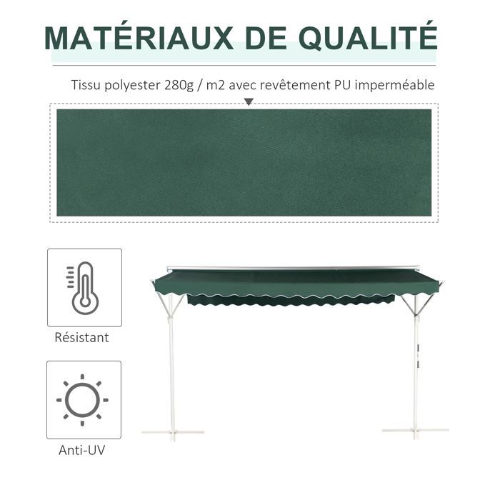 Toldo doble inclinado de 4 x 3 m, retráctil manual, con inclinación ajustable, de metal, impermeable, de poliéster, color verde oscuro.