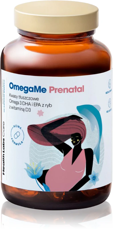 Cápsulas do suplemento alimentar pré-natal OmegaMe da Health Labs Care para o bom funcionamento do coração e do cérebro.