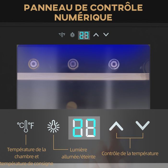 High-performance 65L wine cellar for 24 bottles, adjustable temperature 5-20°C, with LED light and touch control panel, black