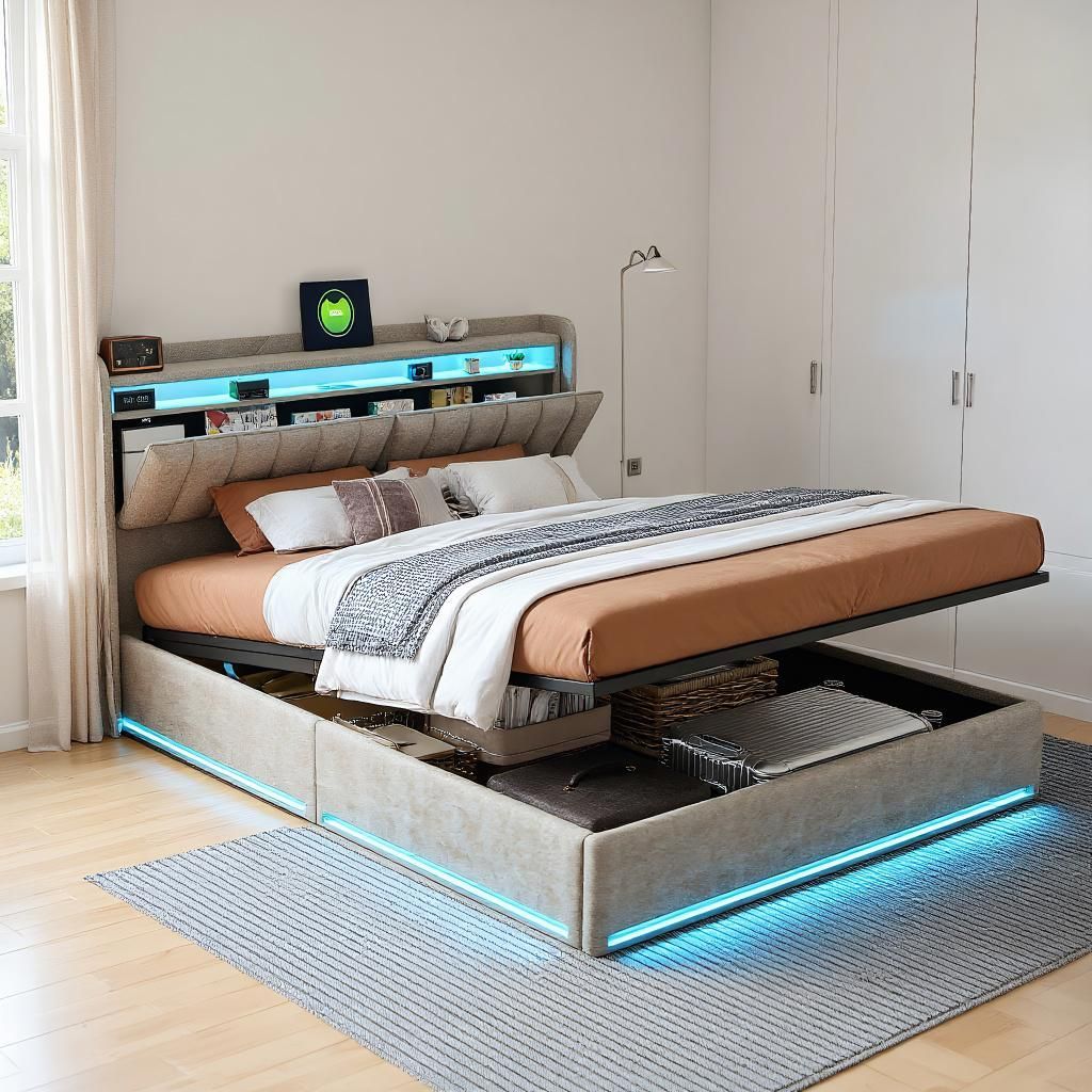 Cama con almacenamiento de 160 x 200 cm, cama de 160 x 200 cm con somier de láminas, estructura de cama, con iluminación LED, almacenamiento hidráulico, con cabecero, gris, terciopelo