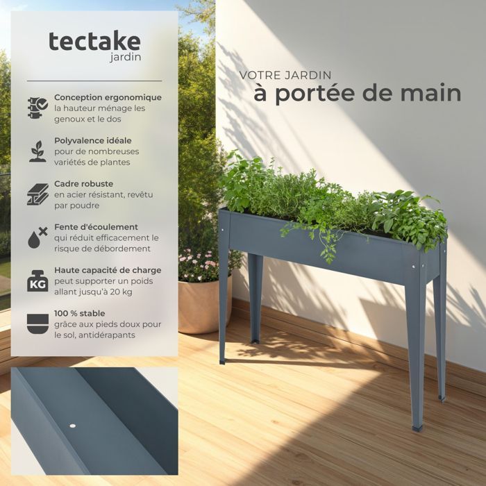 Raised garden bed - TECTAKE - CALENDULA raised garden bed on legs in steel, 98.5 x 26 x 82.5 cm - Anthracite grey