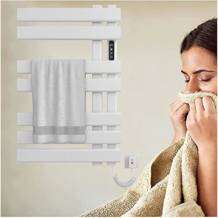 Wall-mounted electric towel warmer with LED timer - Constant temperature heating rail - White - Mains powered