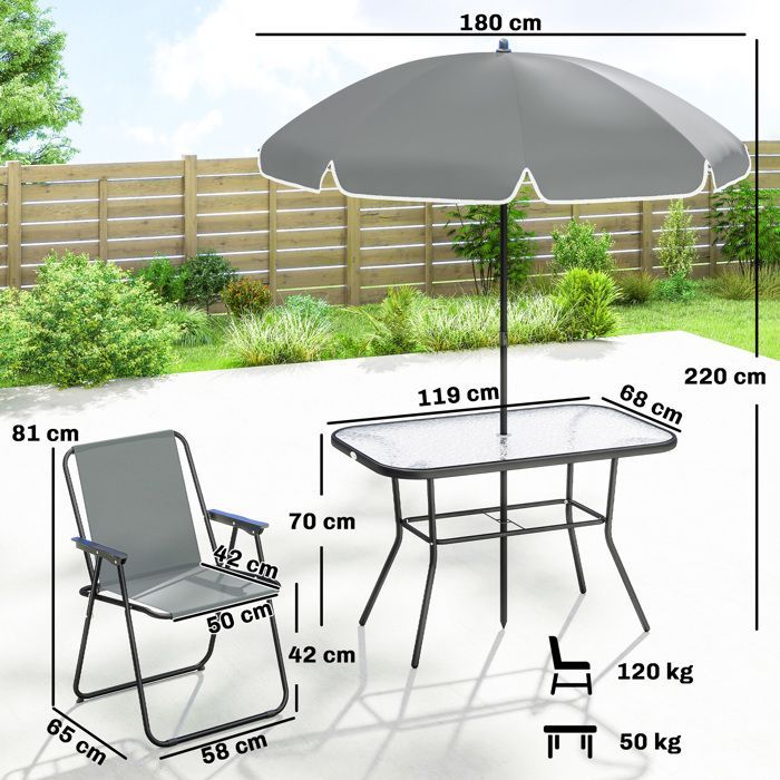 Set da giardino Outsunny da 8 pezzi con ombrellone e 6 sedie pieghevoli - tavolo con piano in vetro temperato, struttura in acciaio - grigio