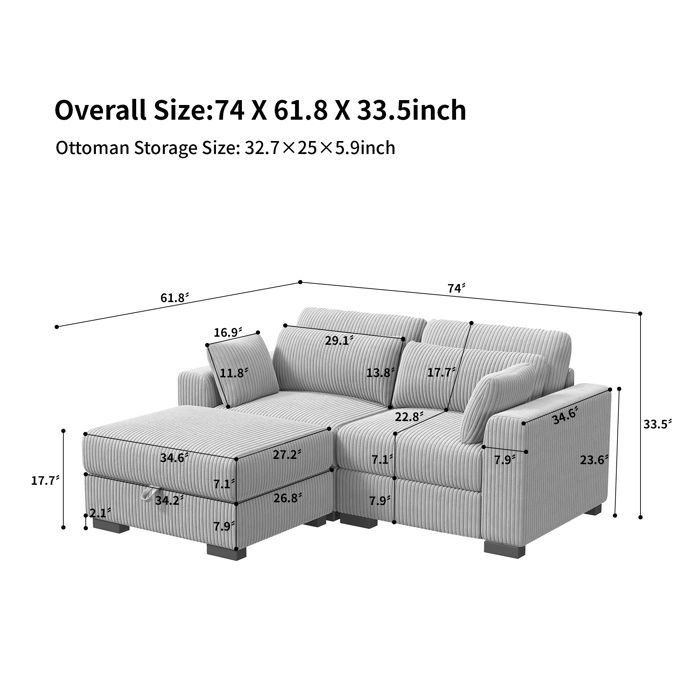 Canapé d'angle convertible en Velours côtelé gris - 3 places. fauteuil d'angle réversible coffre rangement lit modulable