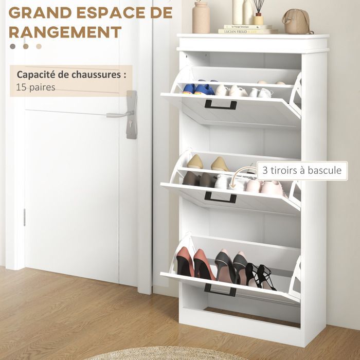 Meuble à chaussures - HOMCOM - armoire à chaussures - 3 portes abattants, étagères réglables - 54 x 24 x 117,5 cm - blanc