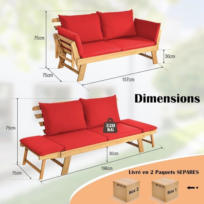 Sofá cama extensible de jardín GIANTEX - 2 plazas - Cojín - Almohada - Certificado FSC - Silla para interior y exterior - Madera de acacia - Capacidad de carga de 320 kg - Rojo