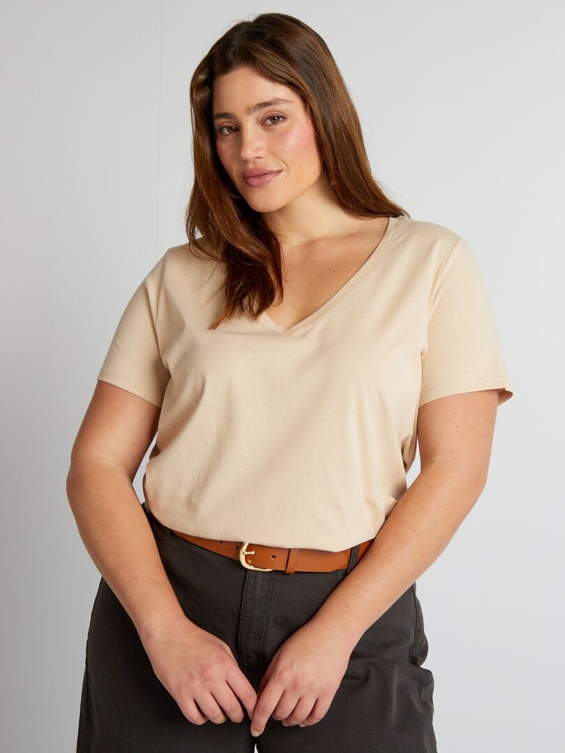 Camiseta de punto con cuello en V - Gris