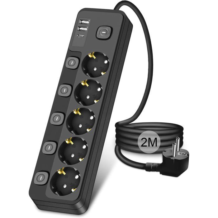 Regleta de enchufes de 2 m con interruptor, 5 tomas de corriente, 2 puertos USB-A y 1 puerto USB-C, protector contra sobretensiones.