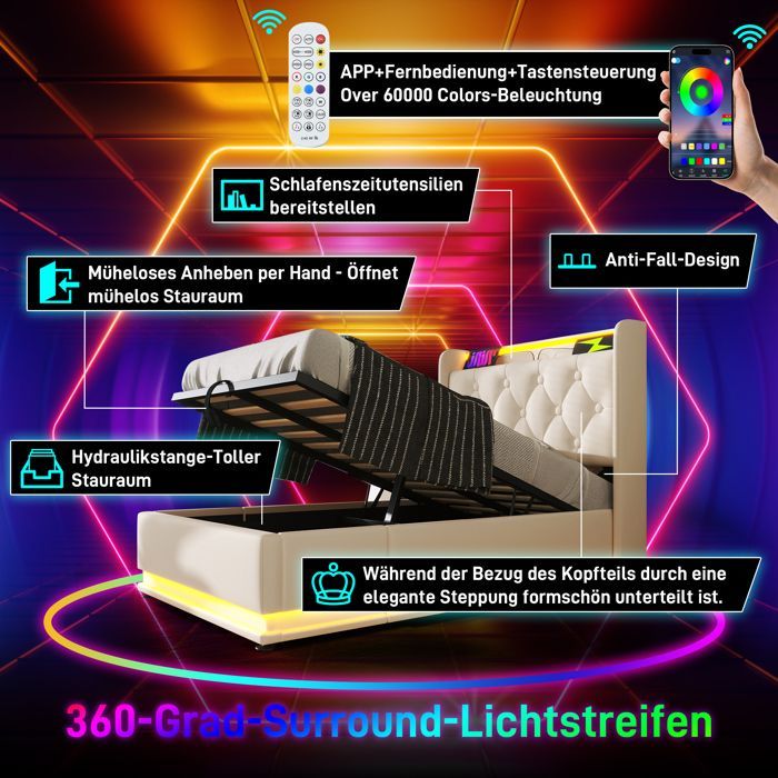 Cama LINKHOO, función LED envolvente de 360°, 90 x 200 cm, cabecero acolchado con función de carga USB tipo C (colchón no incluido).