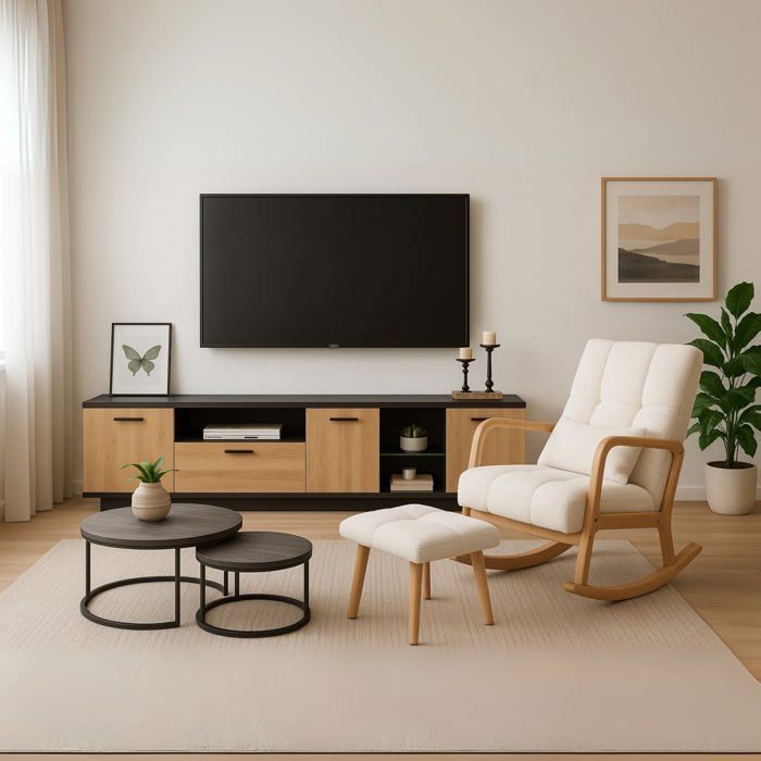 MEUBLES COSY Fauteuil à bascule avec repose-pieds, revêtement polaire blanc, dossier haut et structure bois naturel