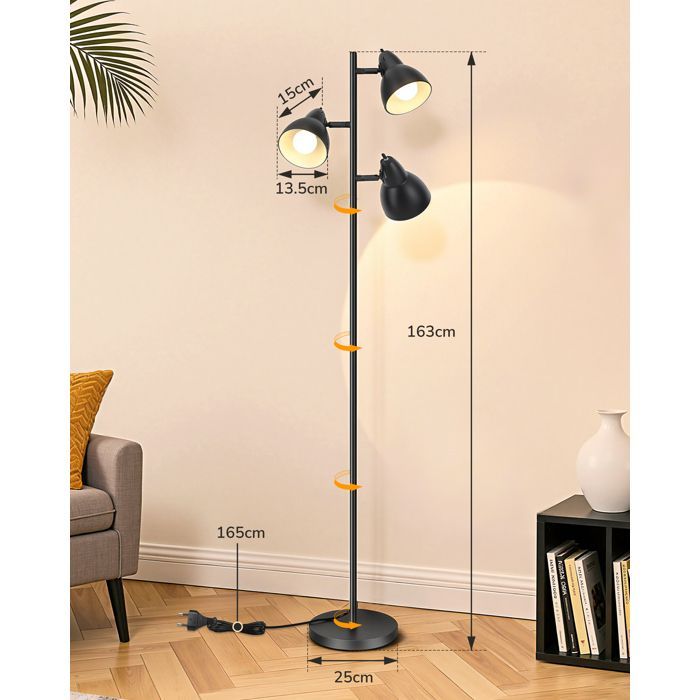 EDISHINE Floor Lamp for Living Room, 3 Adjustable Lights with Individual Switches, 3 E27 Bulbs Included, 163 cm, Black, Metal