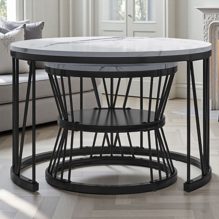 Salontafel voor de woonkamer - Marmerhout en metalen poten - Stapelbare salontafel - Rond - D 70/45 x H 45/40 cm - Zwart en wit