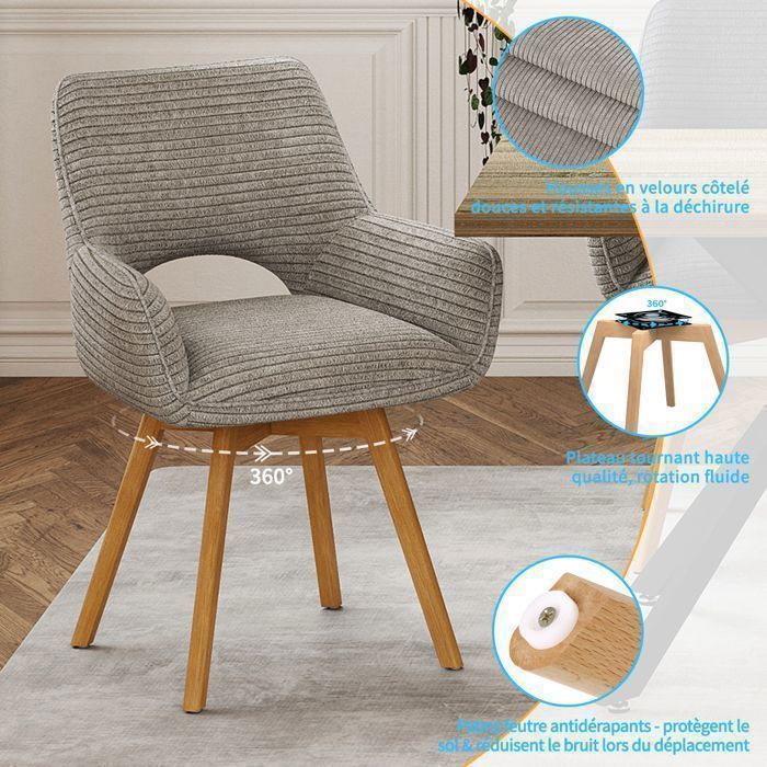 WAFTING Lot de 6 Chaises de Salle à Manger, Fauteuil Pivotantes avec Accoudoirs, Rembourrées avec Dossier en Velours,Bois