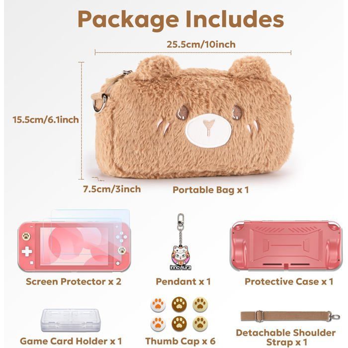 14-in-1 kit voor Nintendo Switch Lite – Brown Bear hoesje, schermbeschermer, gamebox, joystickkapjes en accessoires