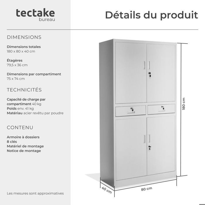 Office storage - TECTAKE - COSMO lockable metal filing cabinet with 2 drawers - 40 x 80 x 180 cm - Light Grey