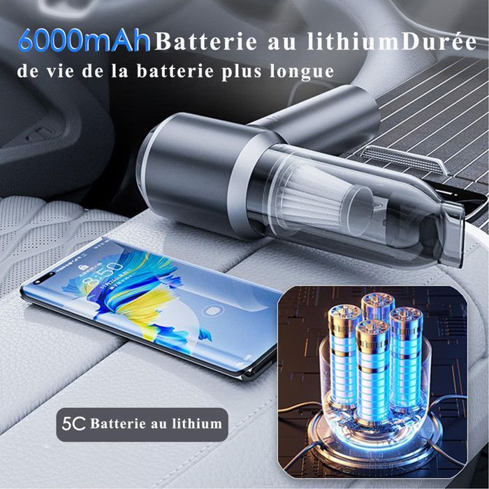 Aspirateur Voiture,18000Pa 4 in 1- Aspirateur à Main - 3 Vitesses 80000Tr/min Sans Fil, Batterie 6000mAh, Filtre HEPA Lavable, Gris
